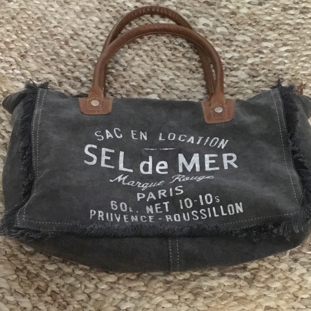 Myra Bag Gray Canvas 'SEL de MER' Satchel with Brown Leather Handles